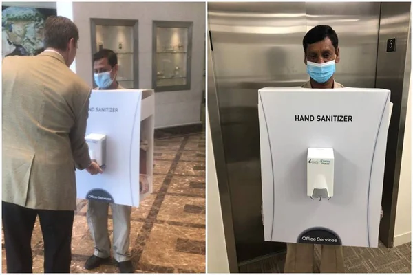 Homem vestido de desinfetante