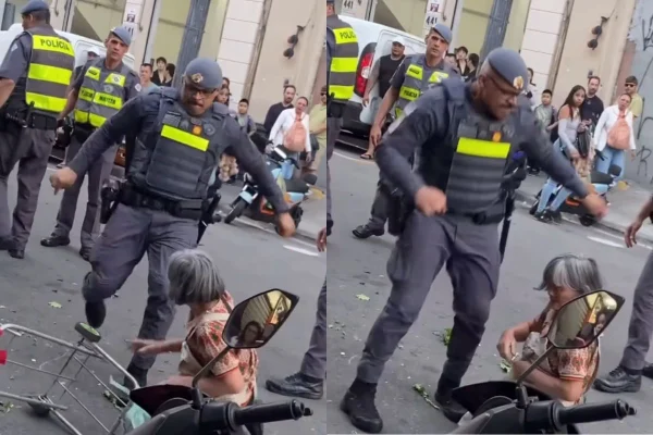 Imagem colorida de PMs em abordagem violenta contra idosa em SP