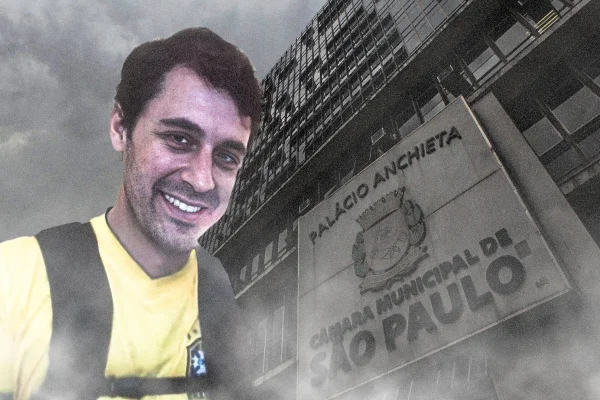 Fotomontagem de Marcos Gusmão Matheus com prédio da Câmara Municipal de São Paulo ao fundo - Metrópoles