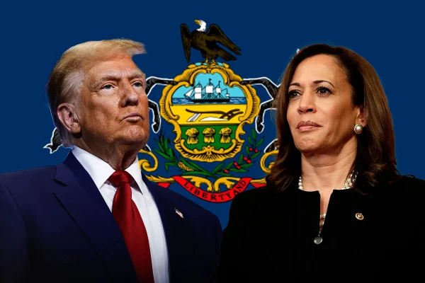 Imagem do DOnald Trump e da Kamala Harris na frente da bandeira do estado de pensilvania