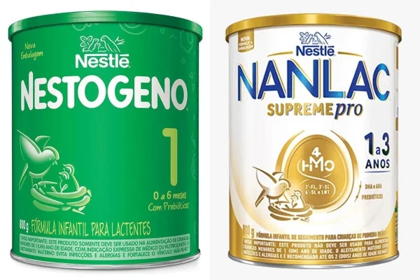 Foto colorida de duas ebalagens que correspondem a fórmulas infantis da marca Nestlé - Metrópoles.