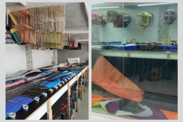 Imagens coloridas mostram dois locais com diversas pipas e materiais para a construção de pipas e usados como fábricas clandestinas de balões