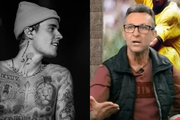 Montagem com imagens de Craque Neto e Justin Bieber