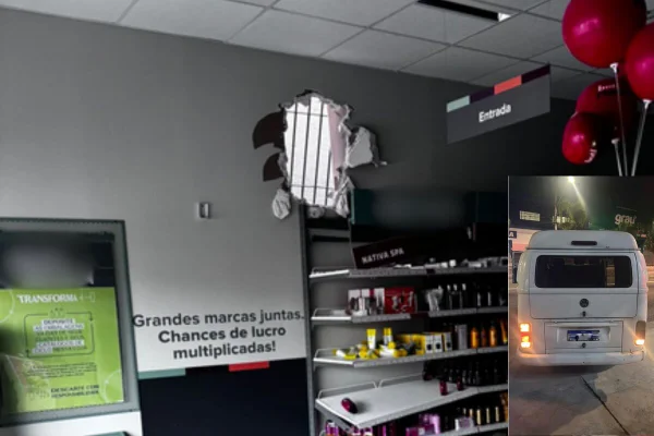 Montagem com duas fotos. A maior de uma loja de perfumes, com um buraco na parede e, a menor, no canto inferior direito, da traseira de uma perua Kombi branca - Metrópoles