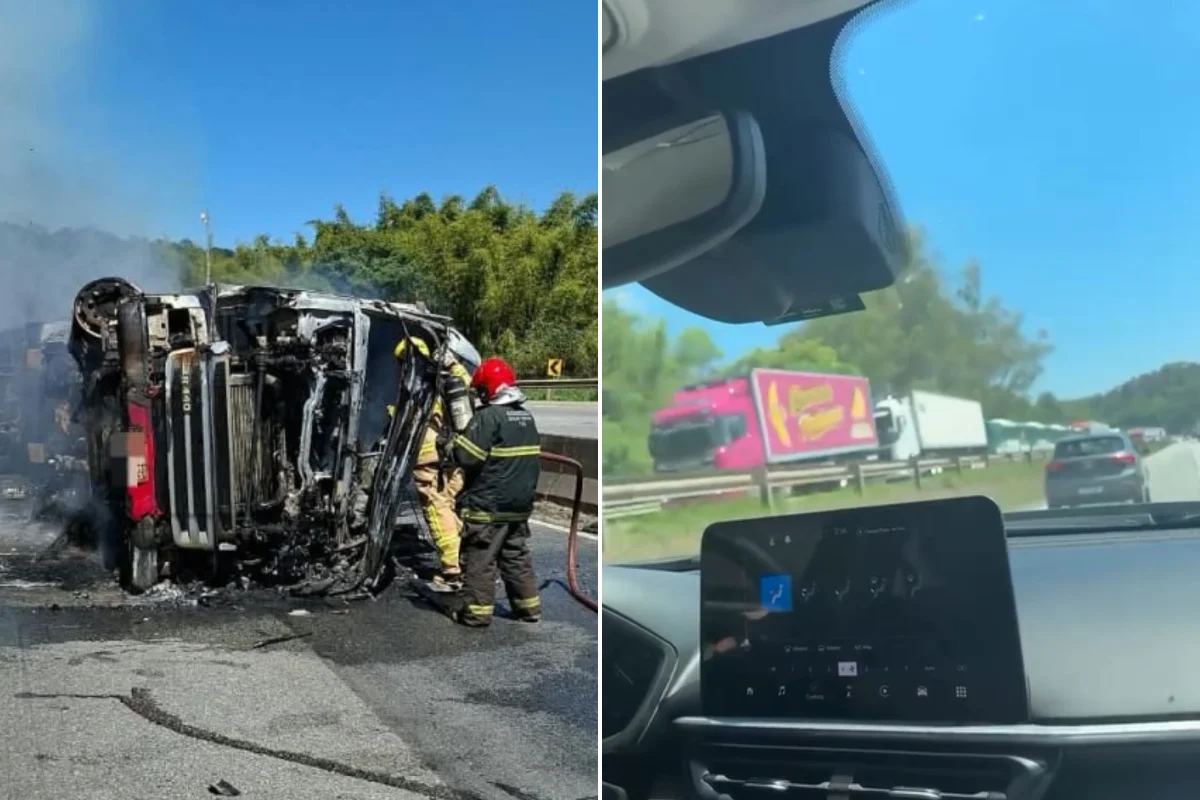 Carreta tomba, pega fogo e motorista morre na Fernão Dias, em MG