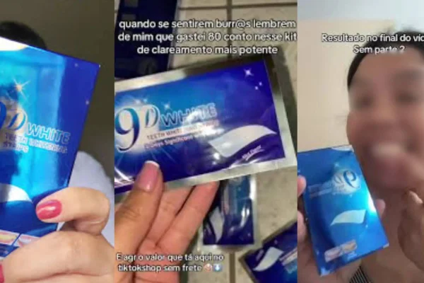 Montagem colorida com fotos de fita clareadora do TikTok