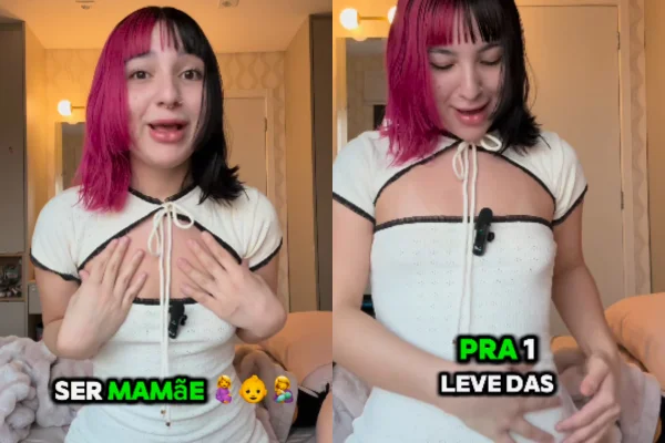 Imagem colorida de um mulher com cabelo colorido olhando para a câmera