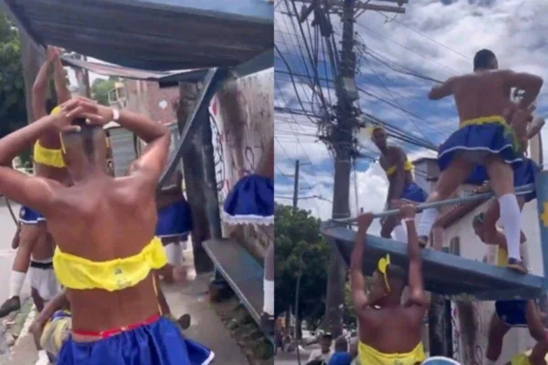 Montagem com fotos coloridas de "baba de saia" em ponto de ônibus em Salvador (BA) - Metrópoles