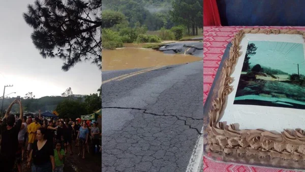 Cratera em rodovia ganha festa de aniversário com direito a bolo e gaiteiro em SC
