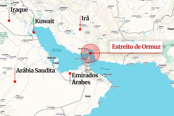 Mapa colorido do Estreito de Ormuz, no Oriente Médio