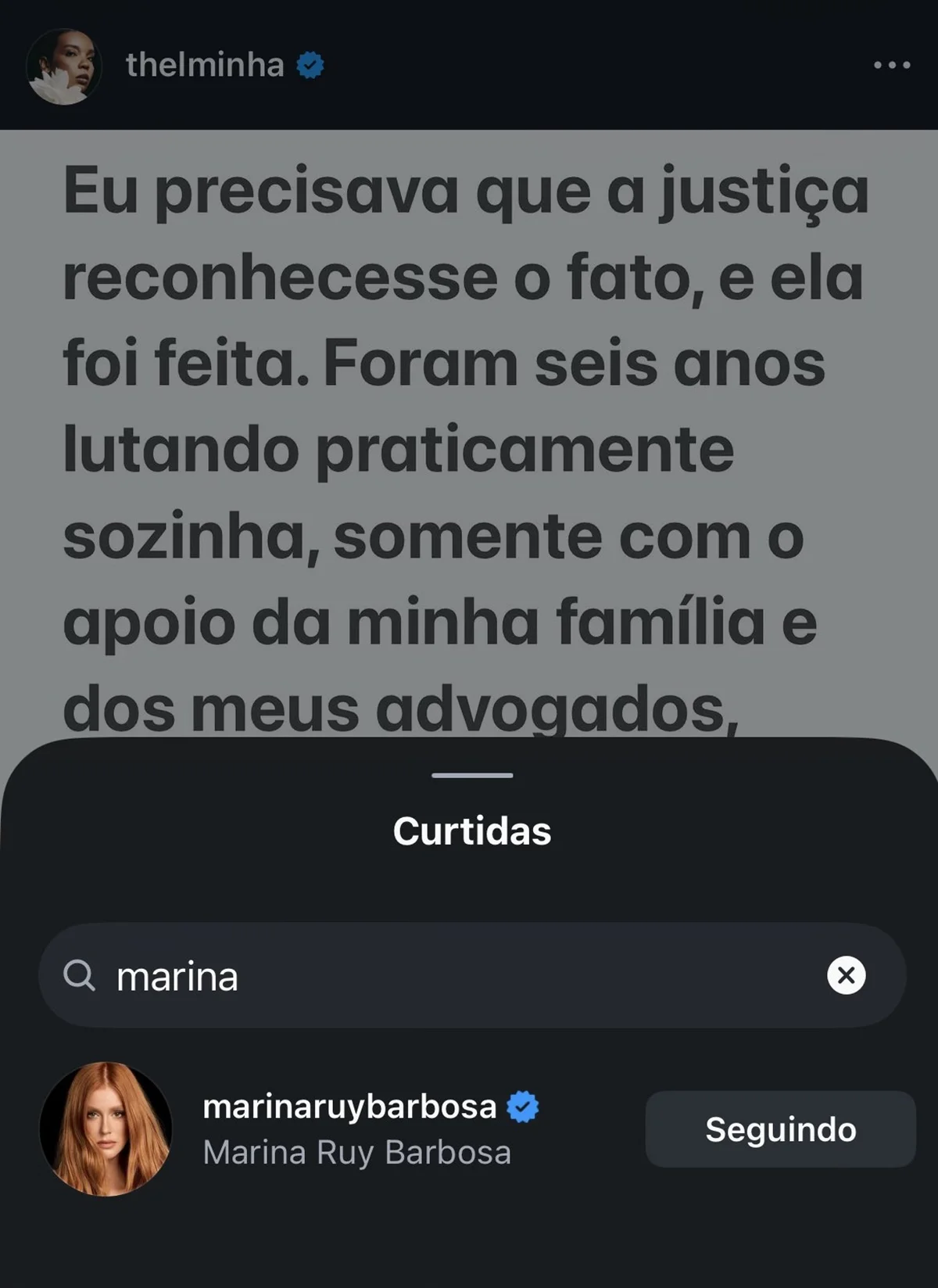 Marina Ruy Barbosa curte publicação de Thelma Assis sobre condenação de Rodrigo Branco Marina Ruy Barbosa curte publicação de Thelma Assis sobre condenação de Rodrigo Branco