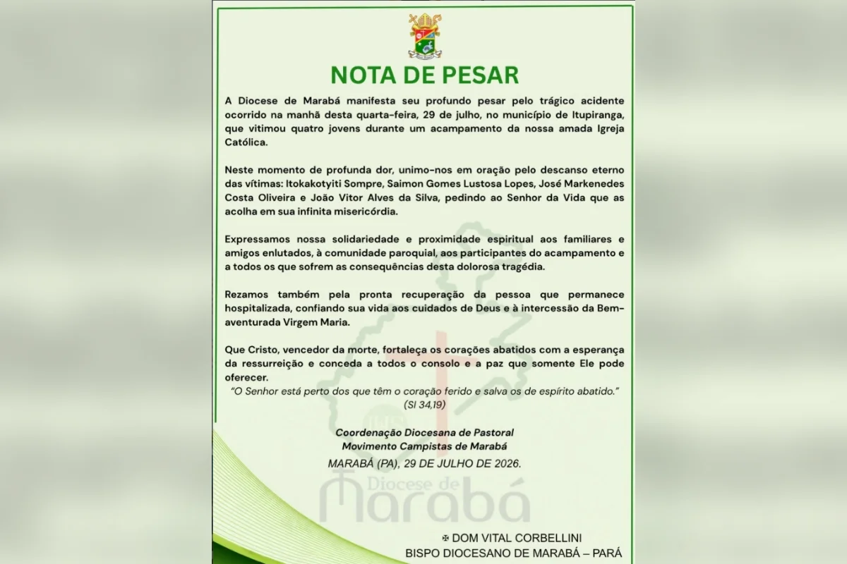 Em nota, a Diocese de Marabá lamentou a morte dos quatro participantes do acampamento Em nota, a Diocese de Marabá lamentou a morte dos quatro participantes do acampamento