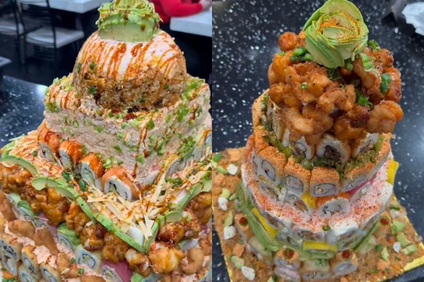 Montagem com bolos feitos com sushi