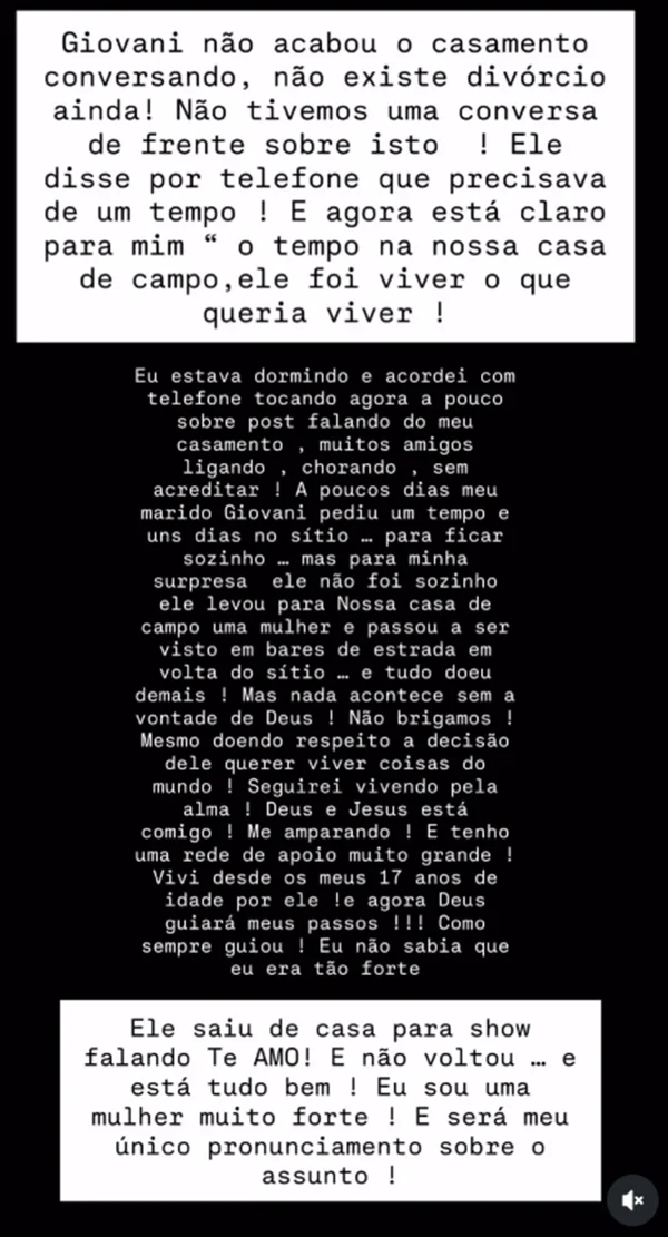 Esposa diz que cantor Giovani saiu de casa e a trocou por outra: “Doeu” - destaque galeria