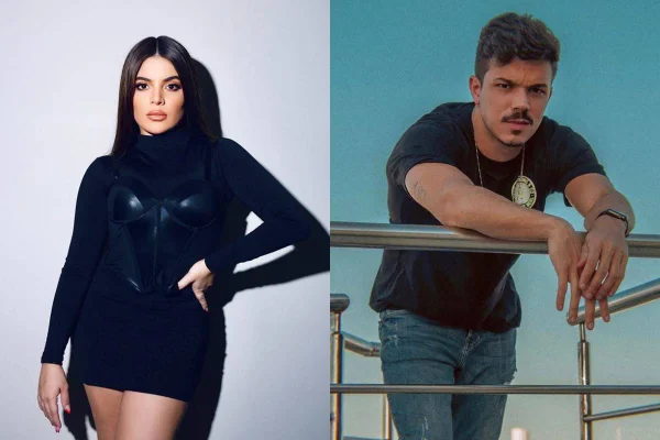 Na montagem temos duas fotos. A primeira tem a influenciadora gkay com um vestido preto de manga longa e na outro o médico gustavo guimarães posando sobre um corrimao com camiseta preta e calça jeans