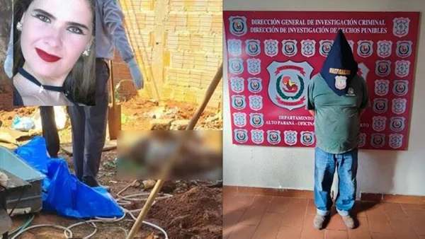 Montagem com três imagens. A primeira, na extreminade superior esquerda, uma mulher branca com batom vermelho posa para uma foto. Na segunda, que toma a metade esquerda do quadro, uma cena de remoção de um corpo de um terrreno com chão de areia. À direita, um homem preso com um pano sobre a cabeça que usa uma camiseta verde e calça jeans