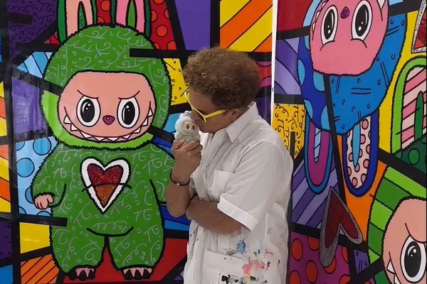 A imagem mostra o pintor Romero Britto em frente aos quadros com Labubus - Metrópoles
