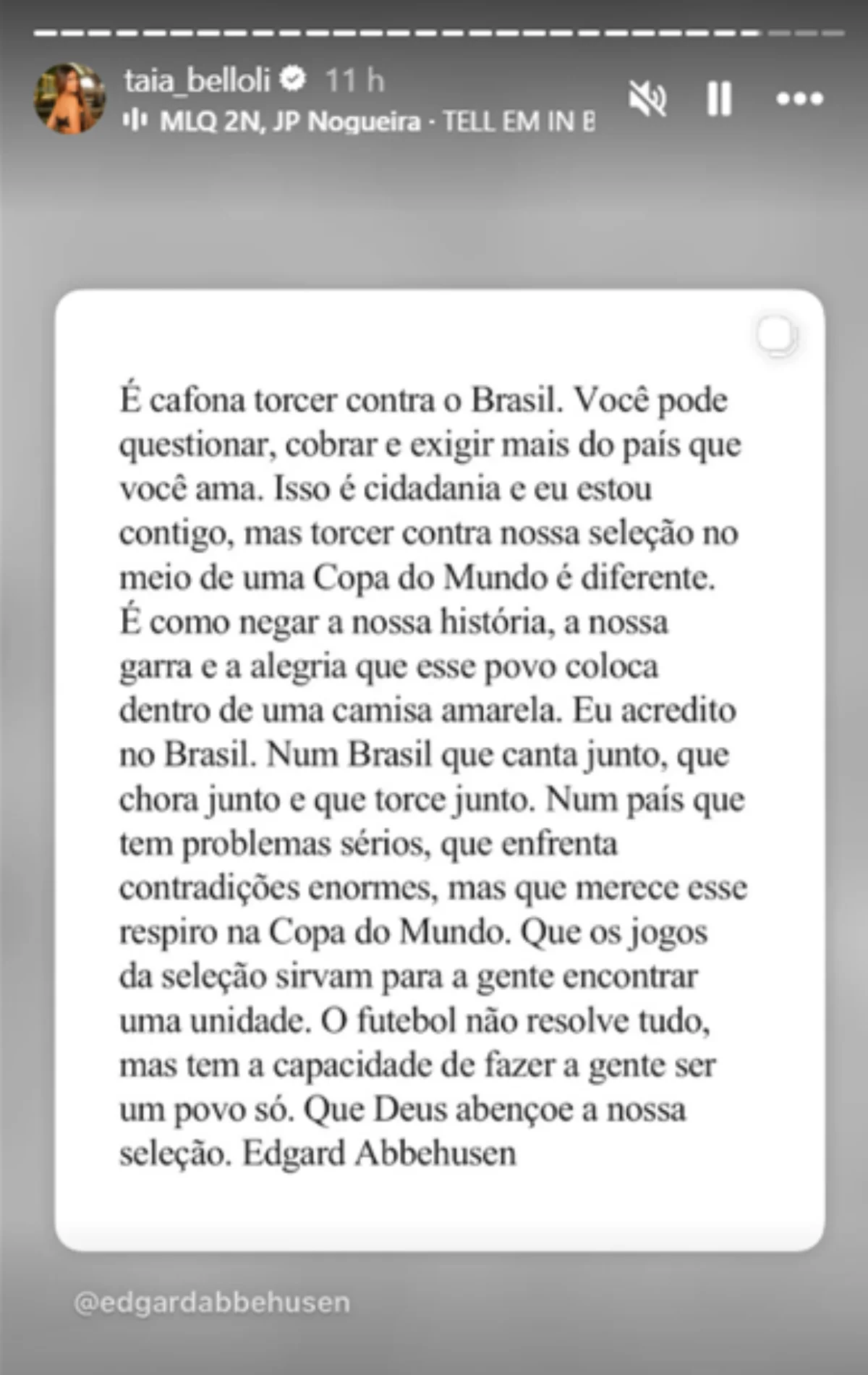 Post compartilhado por Natalia Belloli após empate do Brasil na Copa do Mundo. Post compartilhado por Natalia Belloli após empate do Brasil na Copa do Mundo.