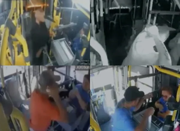 Montagem colorida de homem roubando ônibus
