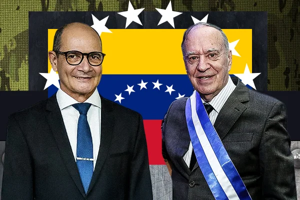 Arte com as imagens do general Eduardo Diniz e do general Morata, com a bandeira da Venezuela ao fundo