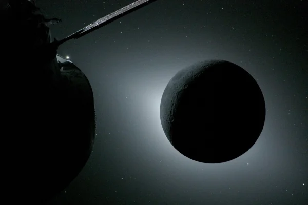 A Lua, iluminada pelo Sol durante um eclipse solar, é fotografada pela sonda Orion da NASA em 6 de abril de 2026, durante a missão Artemis II - Metrópoles