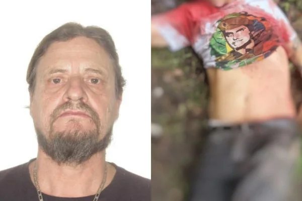 à esquerda, homem posa para foto em fundo branco. à direita, um corpo está no chão ensanguentado com uma camisa de Bolsonaro