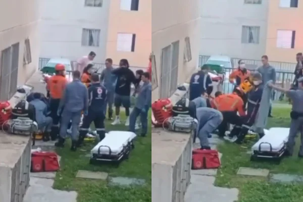 Imagem colorida de montagem de equipes de resgate socorrendo criança que caiu de prédio. Metrópoles
