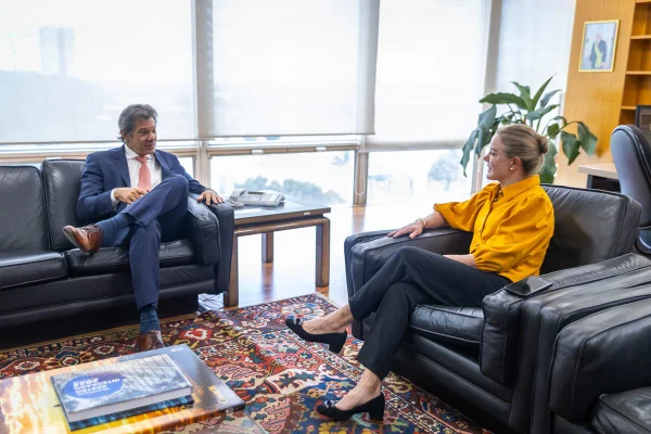 Imagem colorida dos ministros Fernando Haddad (Fazenda) e Gleisi Hoffmann (Relações Institucionais) durante reunião - Metrópoles
