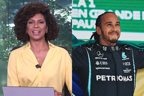 Luciana Barreto, âncora da CNN Brasil, e o piloto britânico Lewis Hamilton