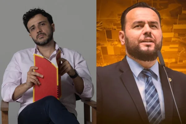 Fotos coloridas de Renan dos Santos, coordenador do MBL (à esquerda) e Gil Diniz, deputado estadual pelo PL (à esquerda). - Metrópoles