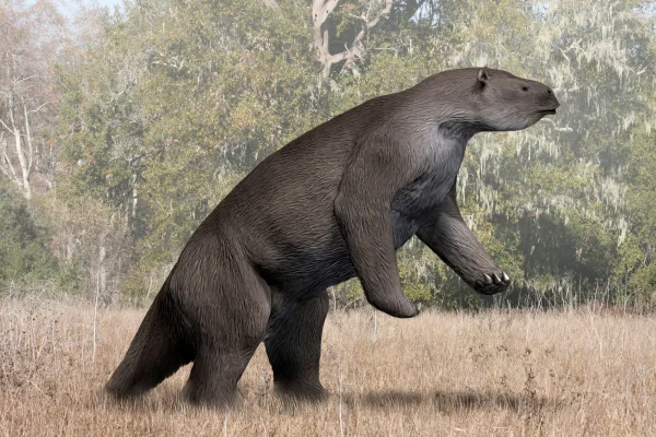 Ilustração colorida de preguiça gigante com pelo marrom ao ar livre - Metrópoles.
