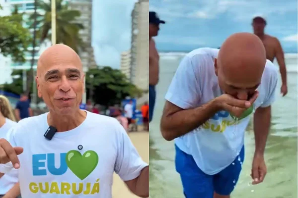Mesmo com surto de virose no litoral de São Paulo, o prefeito de Guarujá, Farid Madi, gravou um vídeo bebendo a água do mar - Metrópoles
