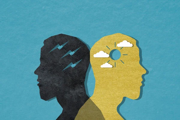 Ilustração de duas pessoas de perfil, uma com cérebro com sol, outra com chuva - Metrópoles