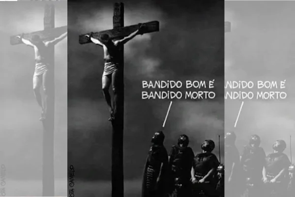 Imagem em preto e branco mostra jesus cristo crucificado sendo observado por militares com a frase "bandido bom é bandido morto" em post feito pelo MTST - Metrópoles