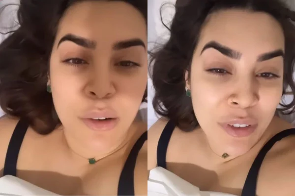 A cantora sertaneja Naiara Azevedo grava stories deitada na cama após se sentir mal e ser internada com fortes dores no estômago. Ela aparece em duas fotos justapostas falando - Metrópoles