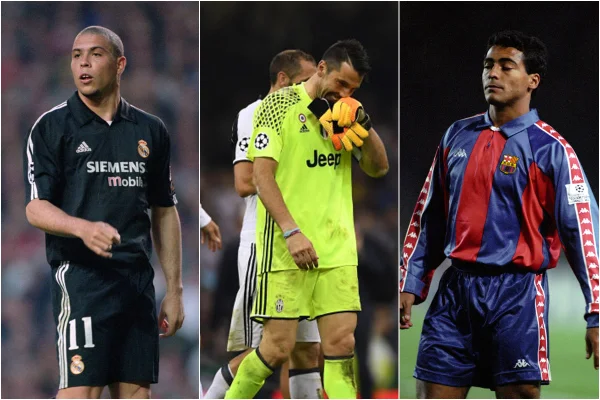 Imagem colorida de Ronaldo Fenômeno, Gianluigi Buffon e Romário, jogadores que nunca venceram a Champions League- Metrópoles
