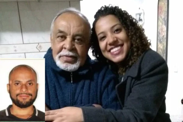 Foto colorida de jovem mulher abraçando idoso, de cavanhaque branco. NO destaque, extrema esquerda, retrato de homem pardo de barba e careca - Metrópoles