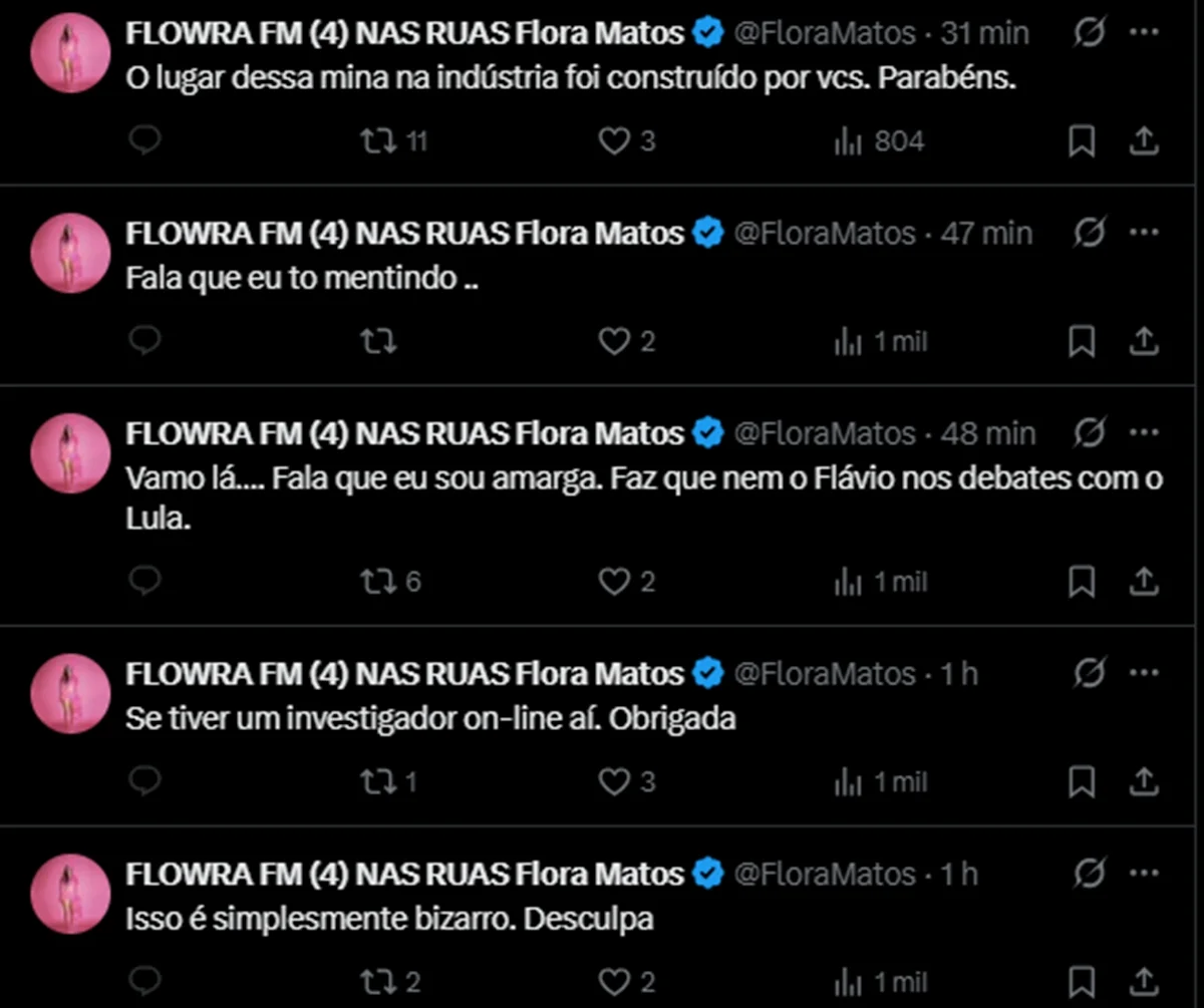Em publicação no X, Flora Matos faz críticas aos fãs de Luísa Sonza Em publicação no X, Flora Matos faz críticas aos fãs de Luísa Sonza