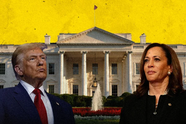 Imagem do Donald Trump e da Kamala Harris na frente da Casa Branca Estados Unidos