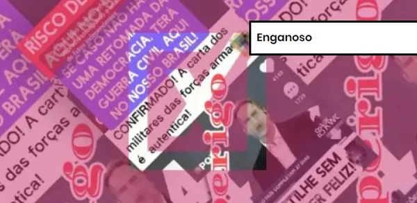 Captura de tela de vídeo que cita guerra civil em carta de militares e etiqueta de conteúdo enganoso