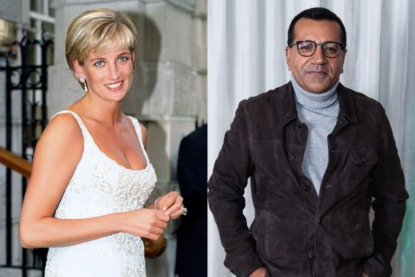 Foto colorida. Montagem com fotos da princesa Diana e de Martin Bashir