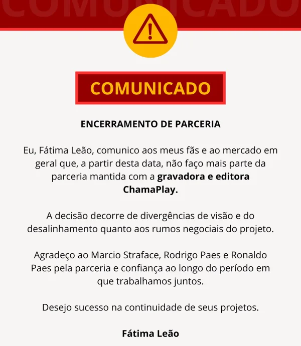 Fátima Leão anuncia rompimento de contrato com gravadora - destaque galeria Fátima Leão anuncia rompimento de contrato com gravadora - destaque galeria