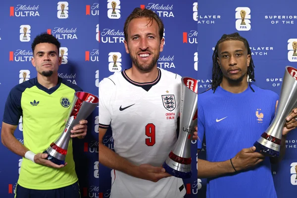 Foto colorida de Olise, Luis Diaz e Harry Kane - Metrópoles