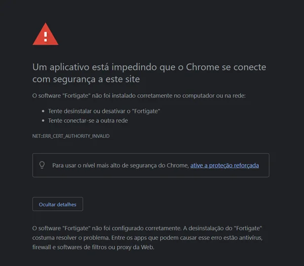 Mensagem de bloqueio do Telegram na rede interna do Supremo Tribunal Federal. É um texto em branco em fundo preto que informa a impossibilidade de conexão ao aplicativo