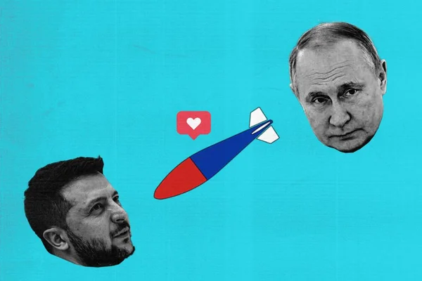 Arte com rostos do presidente da Ucrânia, Zelensky, e da Rússia, Putin, com míssil entre eles e um coração de like do Instagram sob o artefato - Metrópoles