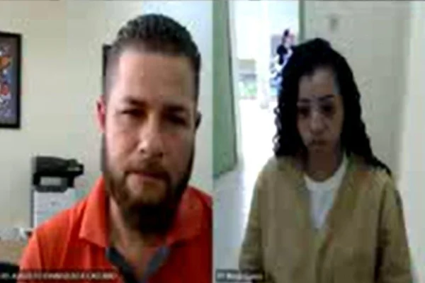 Imagem mostra tela dividida entre Gilberto e Daiane durante audiência no TJSP - Metrópoles