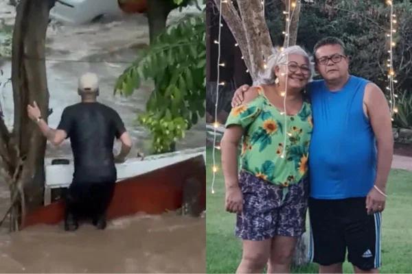 Imagem colorida mostra casal arrastado por enxurrada após alagamento em SP