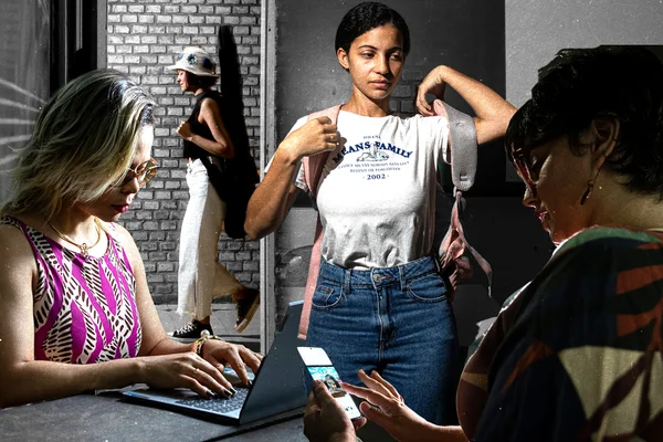 Ilustração para matérias sobre assédio sexual em que aparecem 4 mulheres entrevistadas pela reportagem