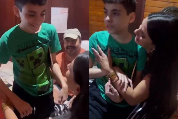 Montagem com fotos coloridas do encontro entre Fernanda Bande com o filho - Metrópoles