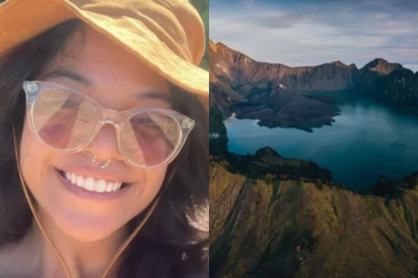 Montagem com fotos coloridas de Juliana Marins (esq.) e do vulcão Rinjani - Metrópoles
